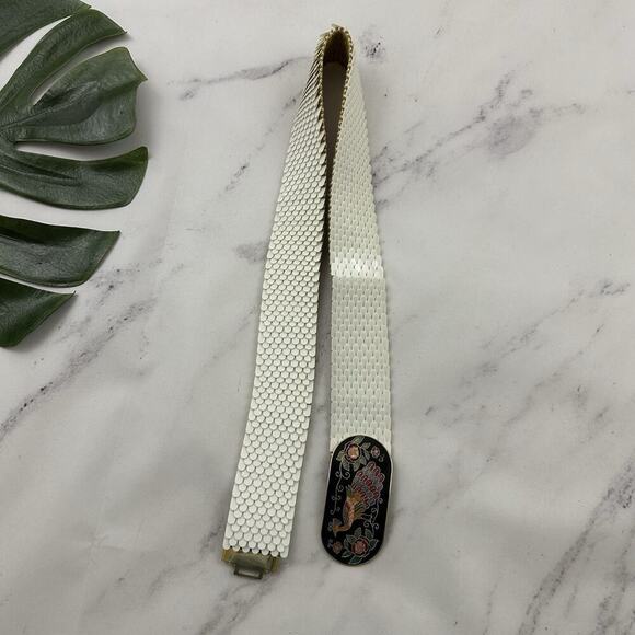 Womens Vintage 80s Scaled Peacock Belt One Size White Black Cloisonne Buckle - Picture 3 of 4